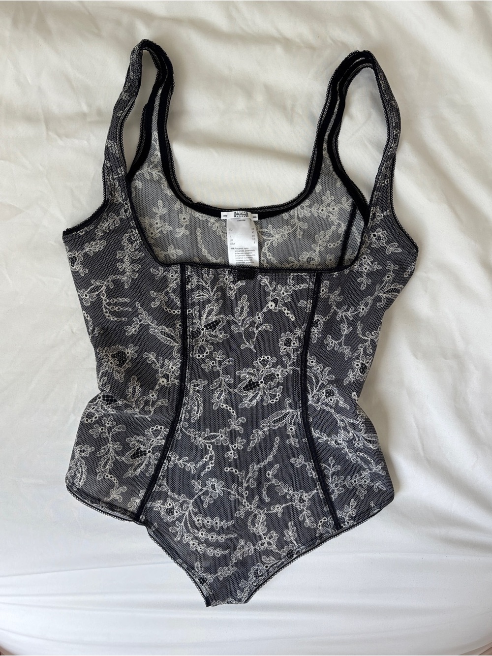 WOLFORD black white floral lace mesh bodysuit corset Medium